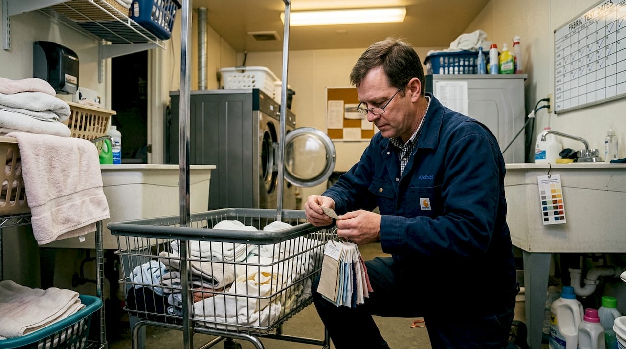 Supplier inspects fabric durability in hotel laundry