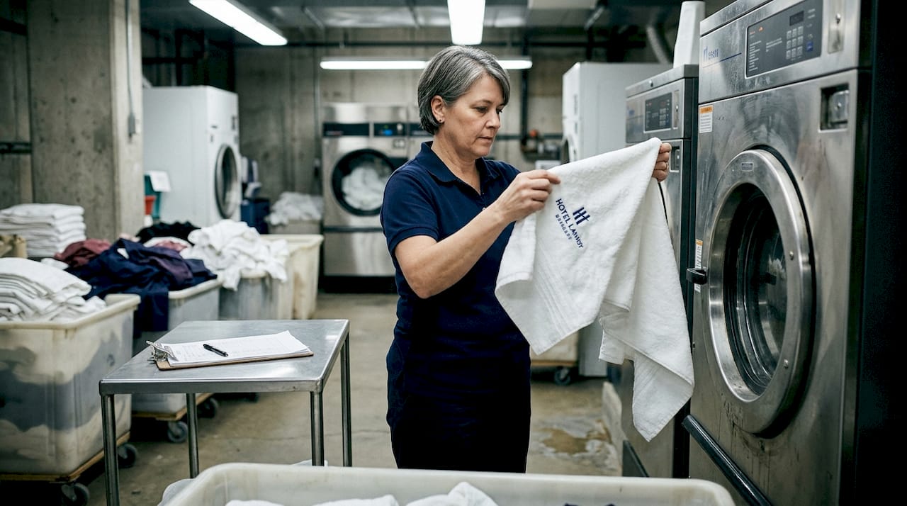Manager inspecting branded hotel towel in laundry room