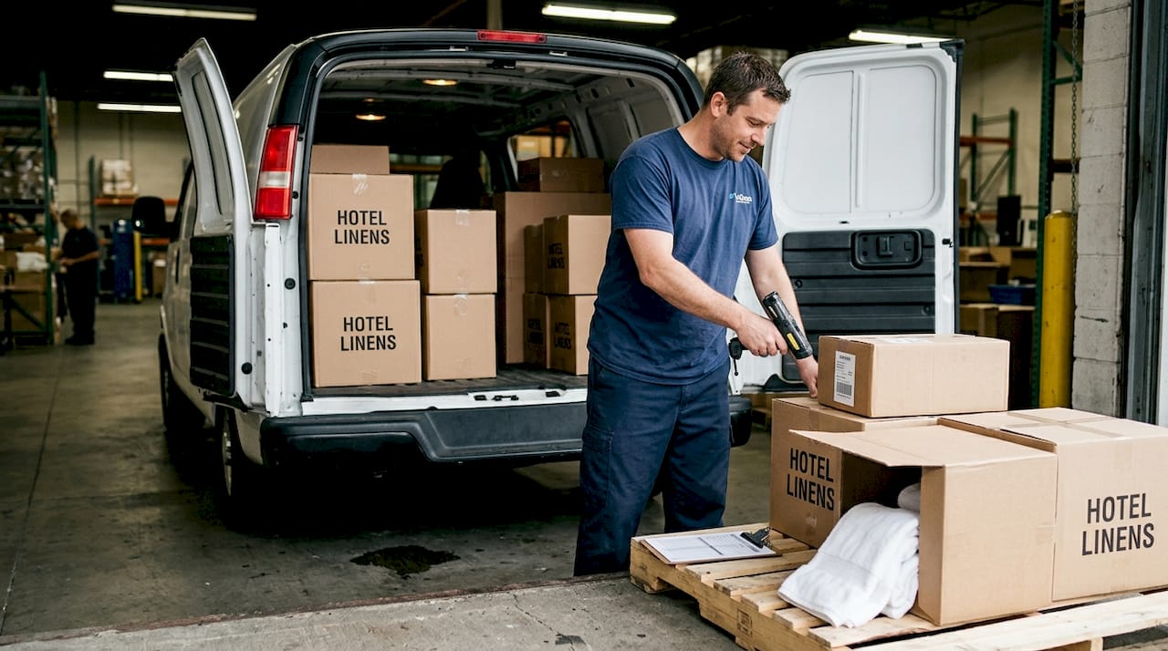 Worker unloading bulk textile shipment