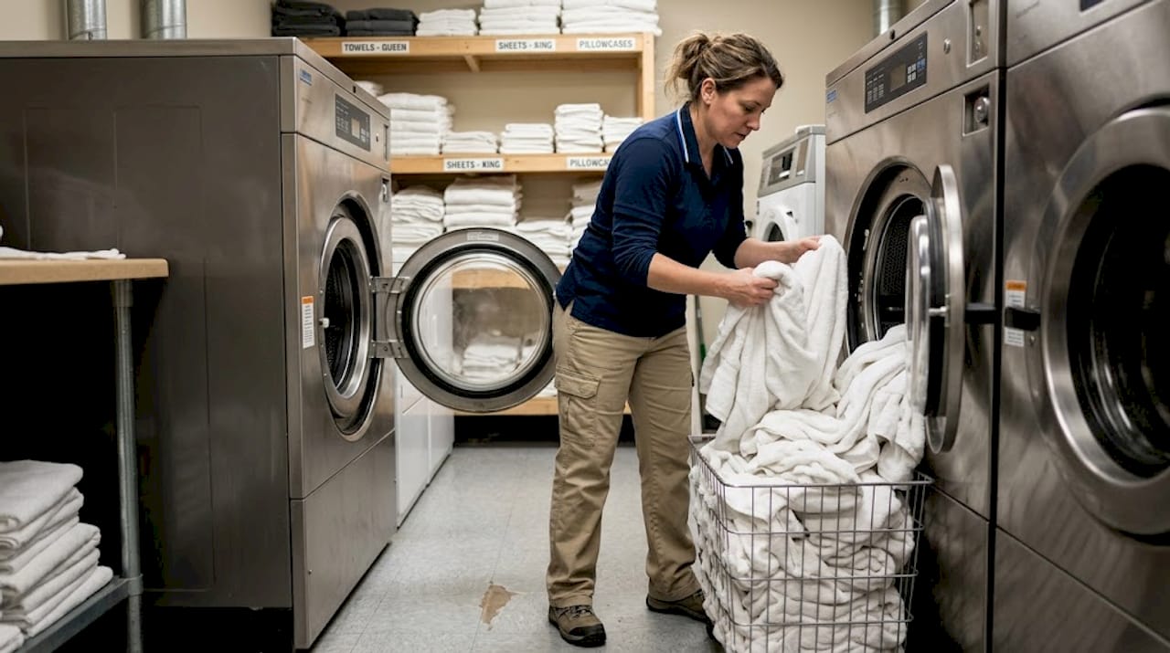 Housekeeper checks towels for quality in laundry