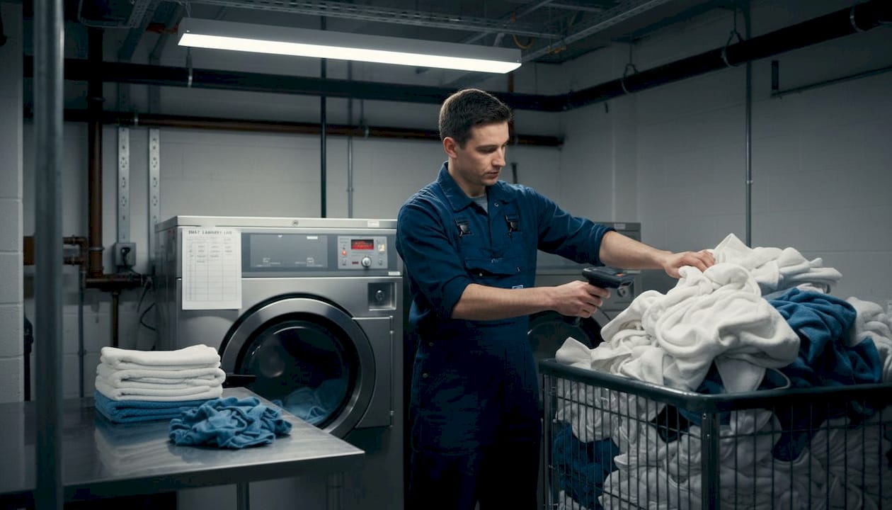 Technician uses RFID scanner on towels in laundry