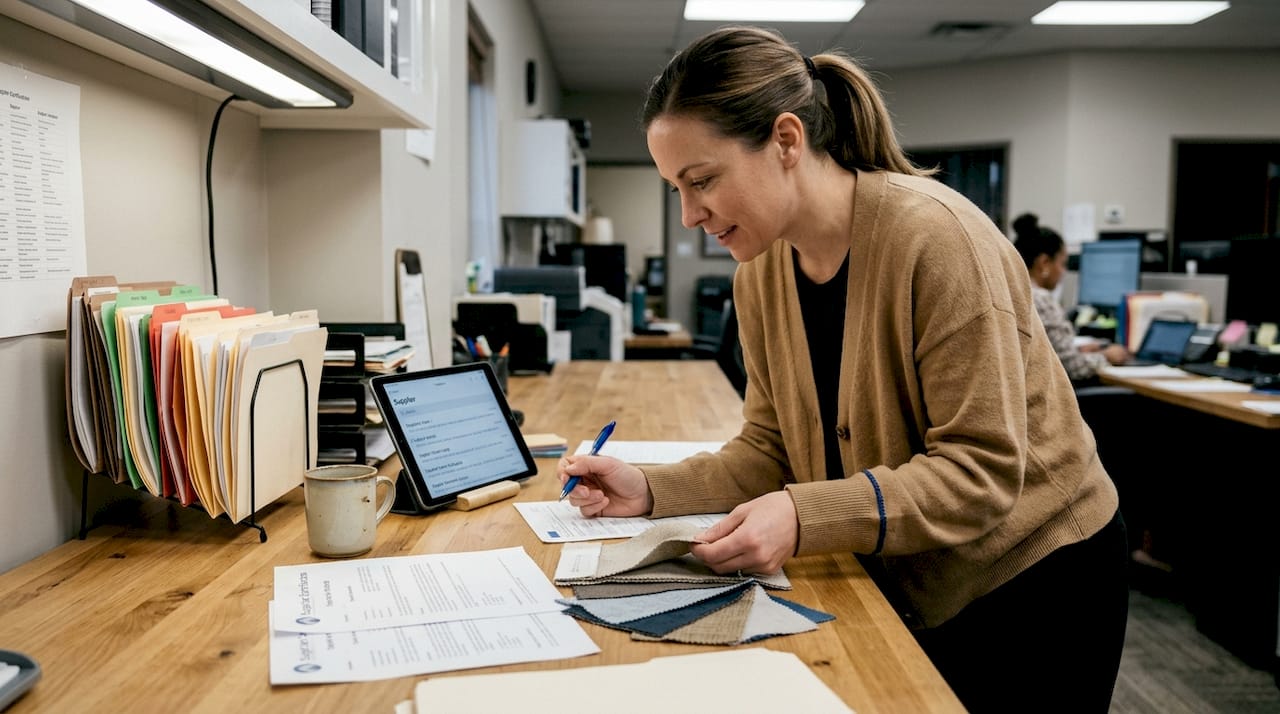 Procurement specialist examines textile samples and papers