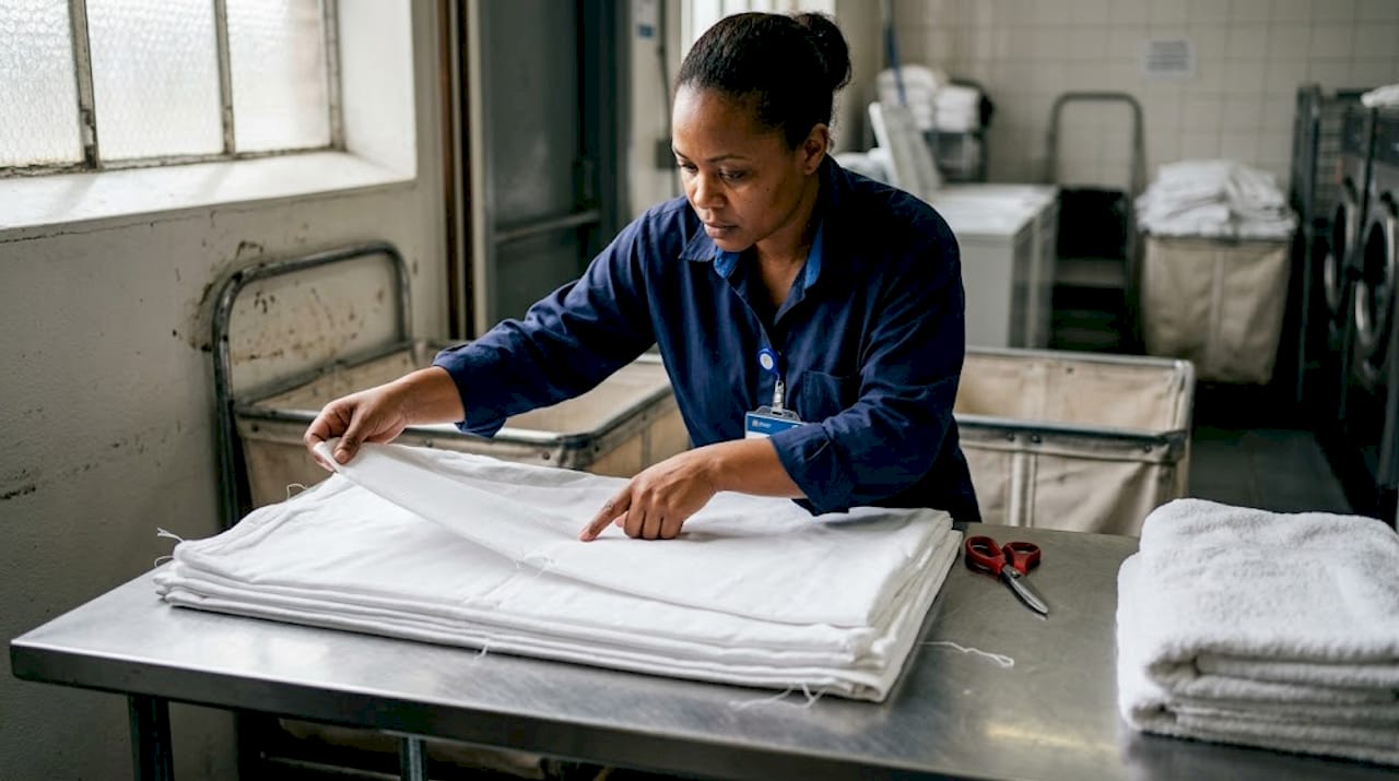 Hotel staff inspecting woven linens closely