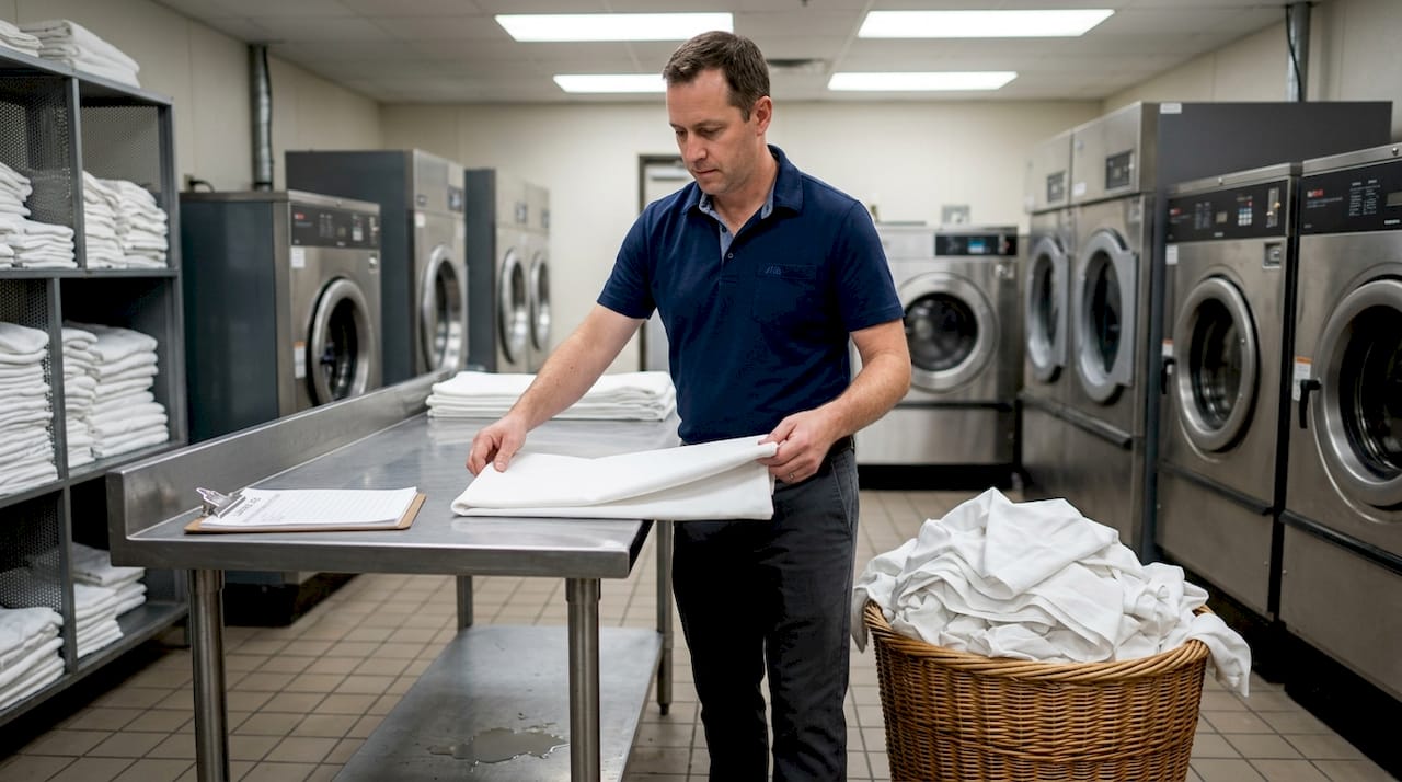 Manager inspecting clean tablecloths in laundry area