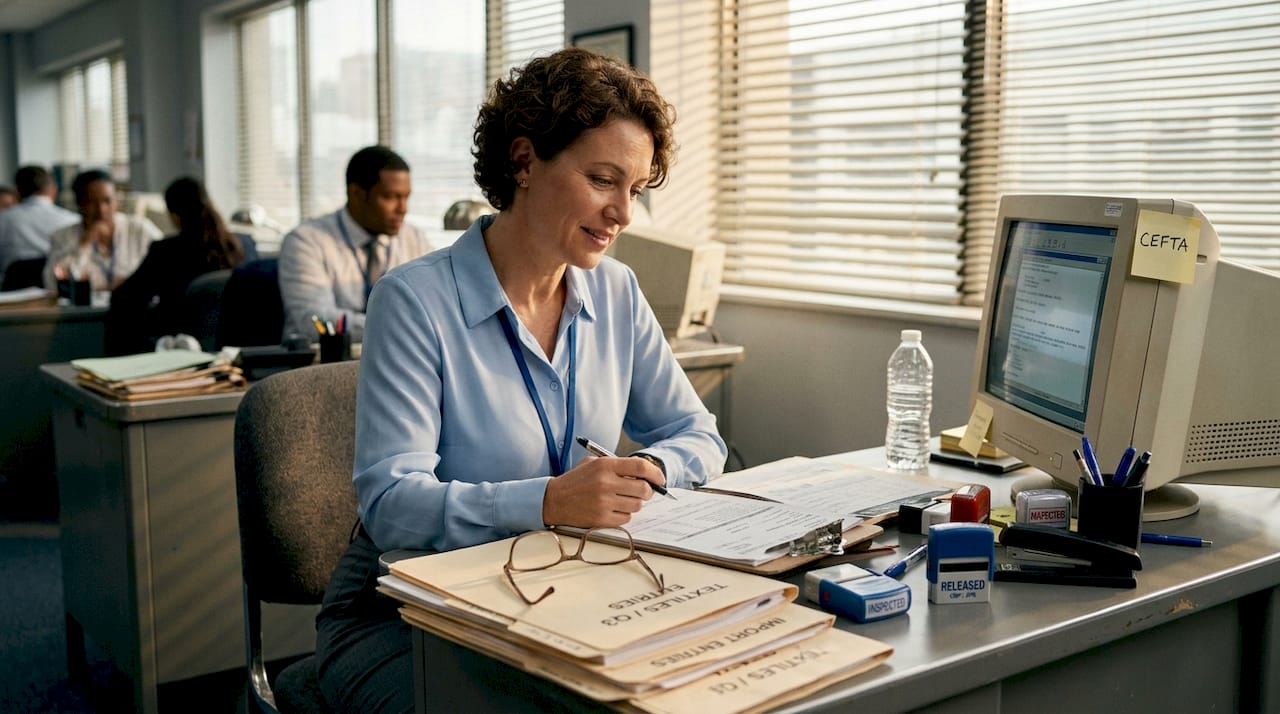 Customs agent reviews textile import documents