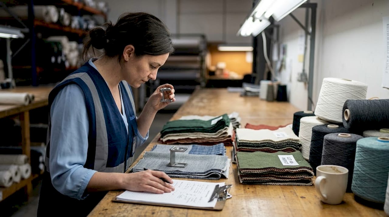 Quality manager checking fabric samples at mill