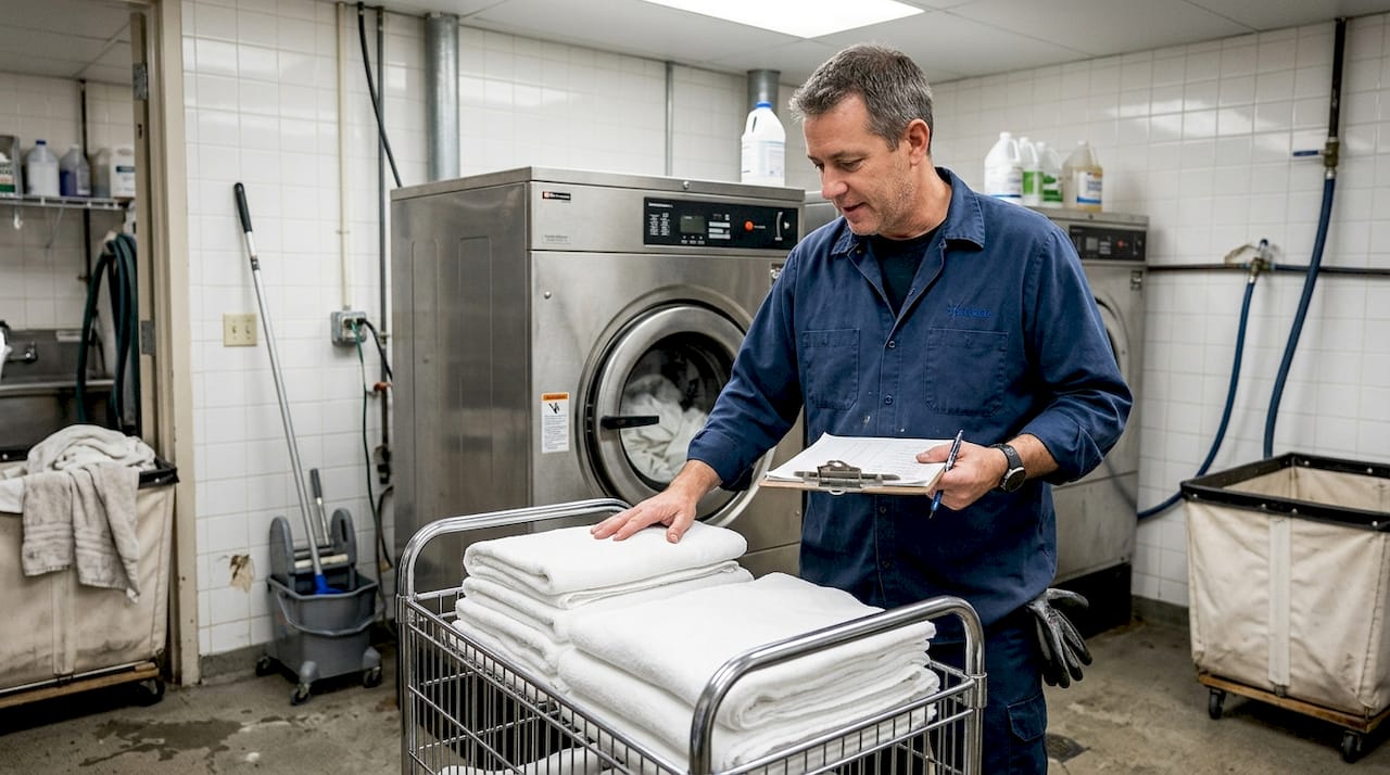 Laundry technician inspecting certified linens
