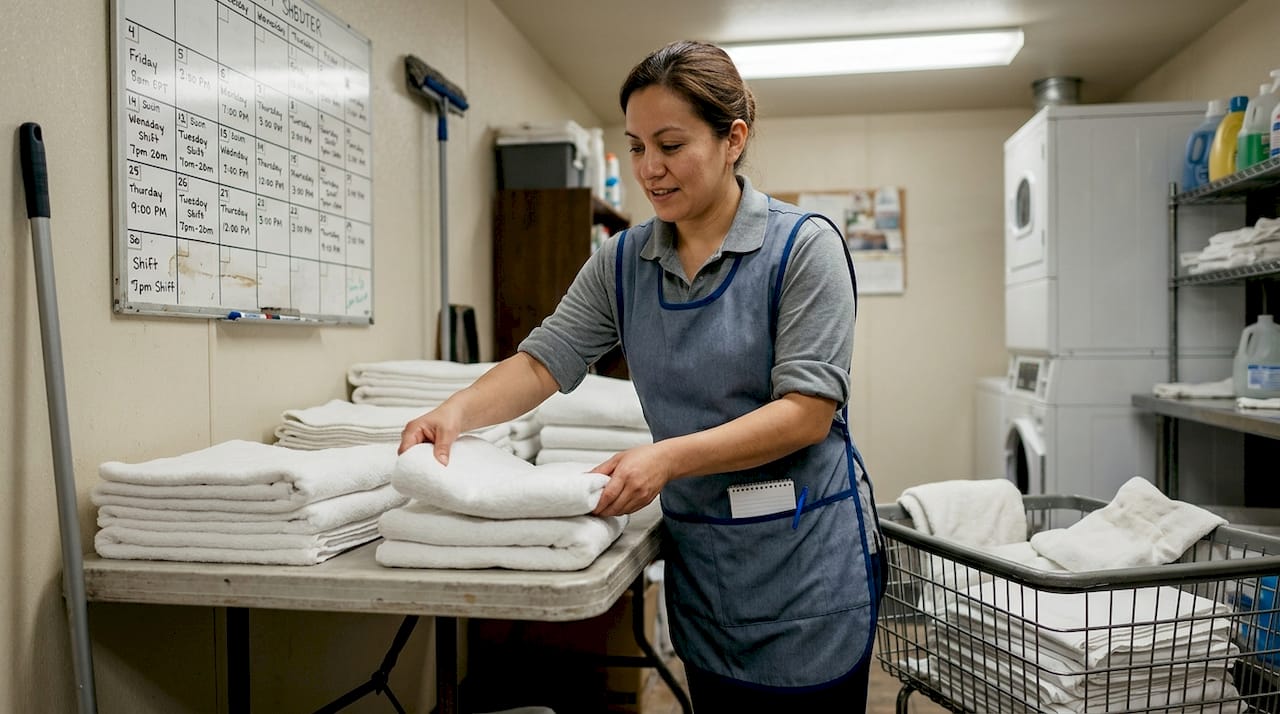 Hotel housekeeper sorts towels and linens for rooms