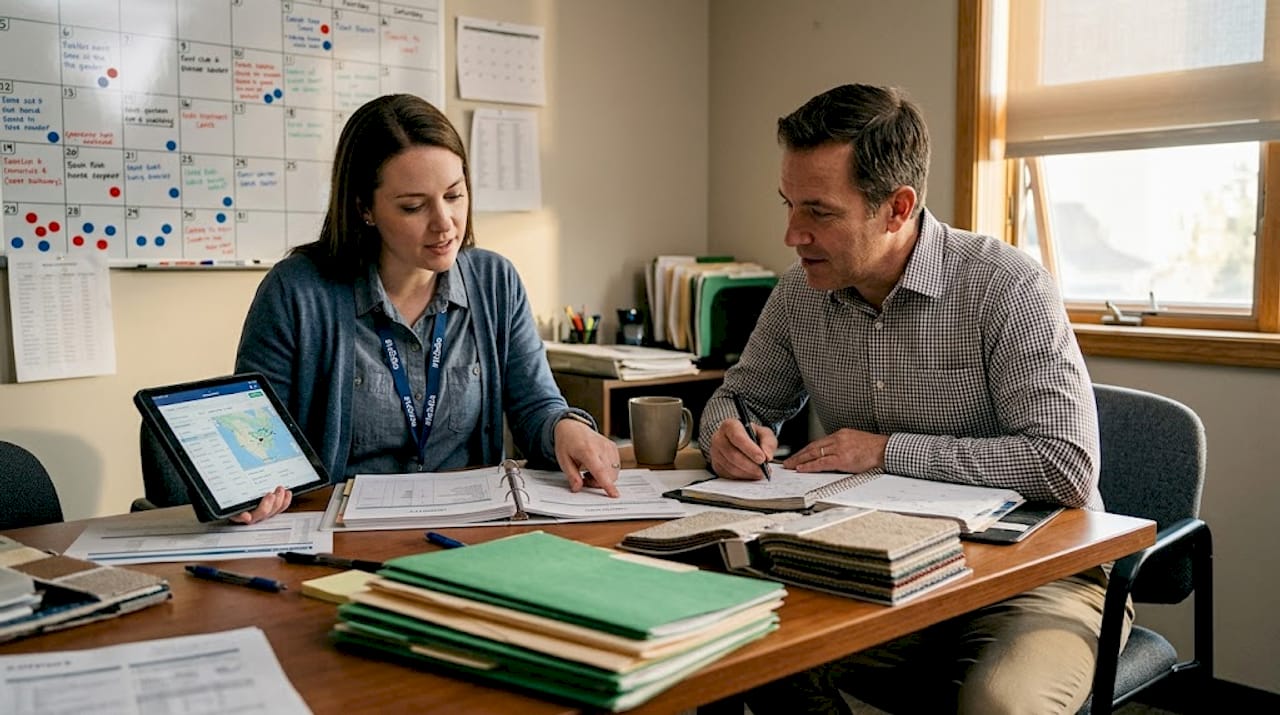 Team reviews textile import paperwork in office setting