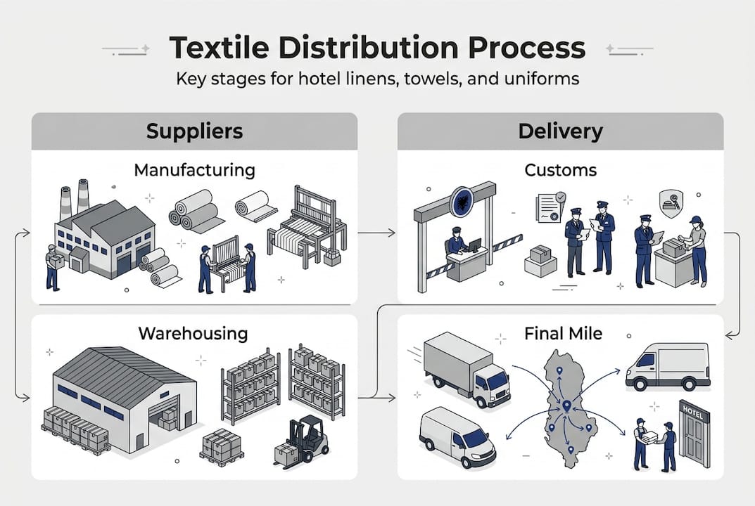 Infographic of textile distribution chain, key stages