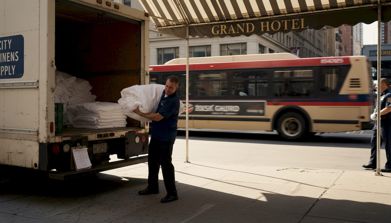 Hotel linen delivery at city hotel entrance