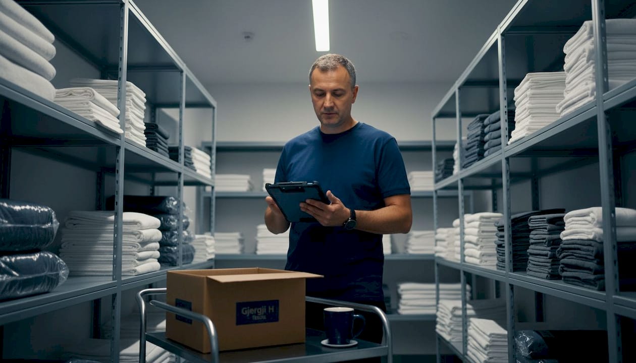 Supervisor checking hotel linen storeroom inventory