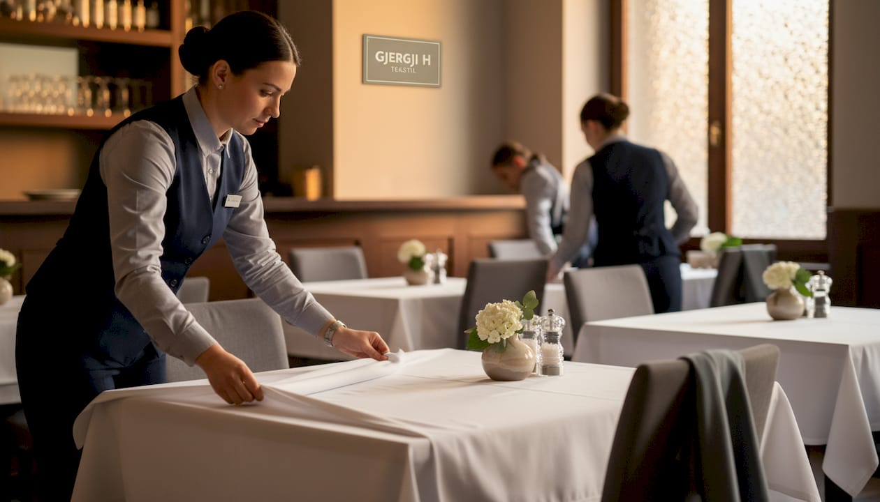 Server placing spun polyester tablecloth on table