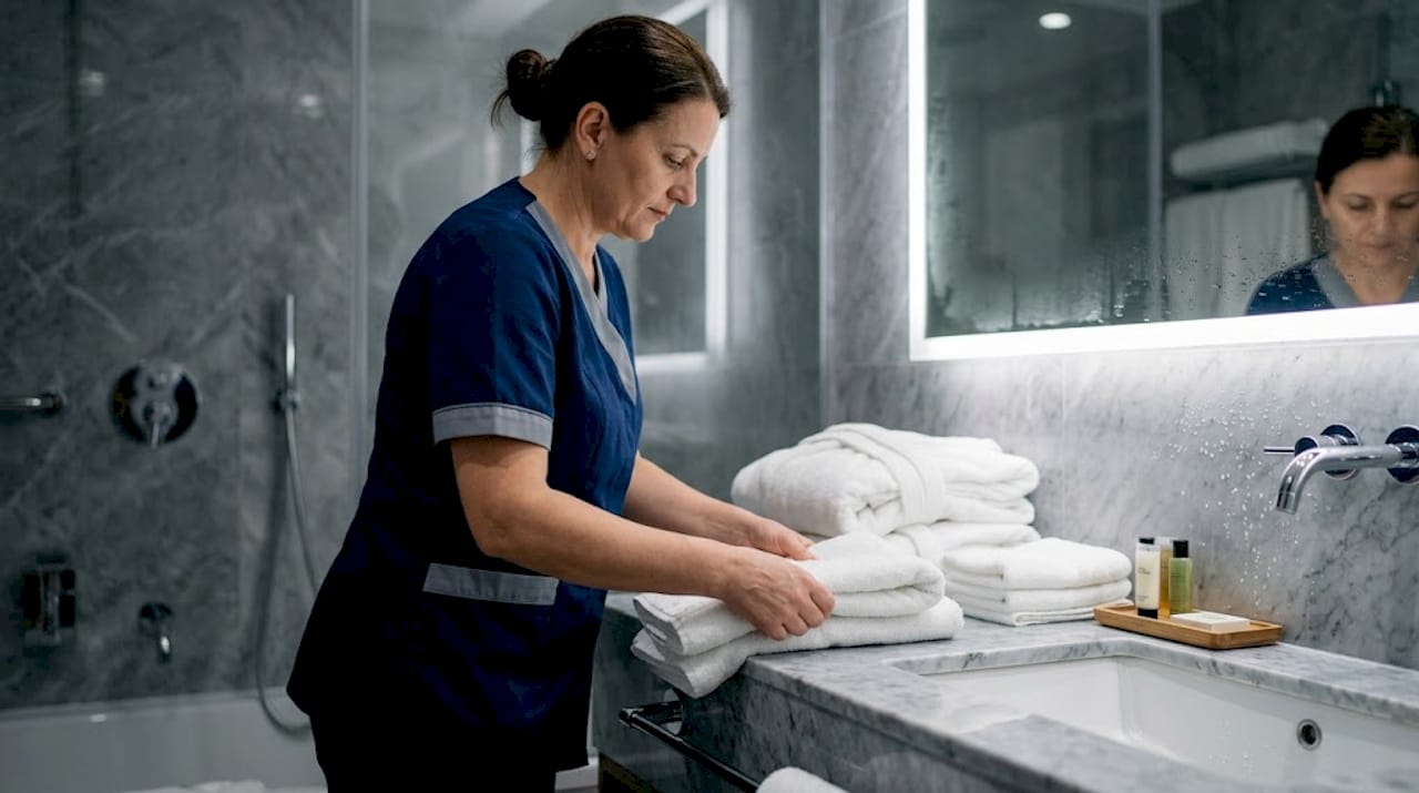 Housekeeper arranging towels in hotel bathroom