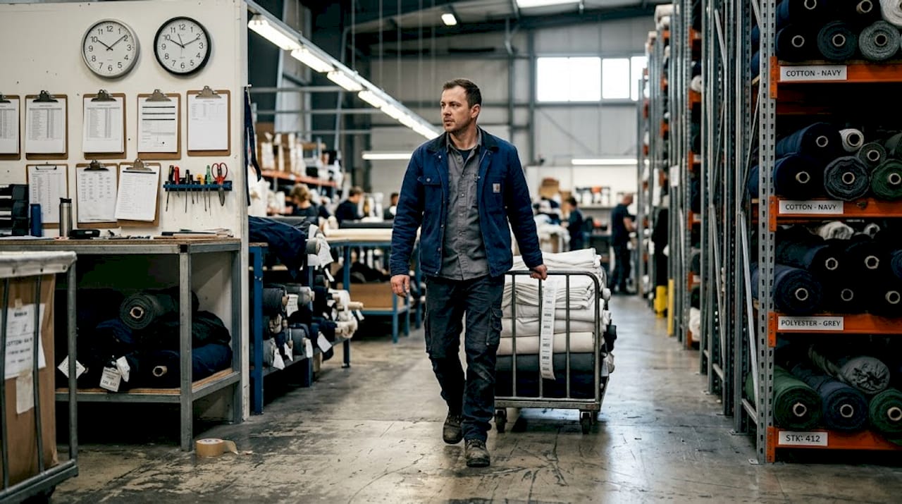 Textile worker moving linens inside warehouse aisle