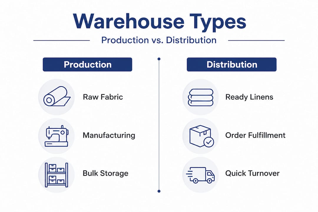 Infographic comparing production and distribution textile warehouses