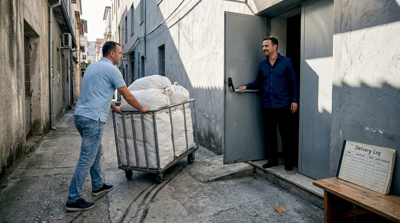 Hotel receiving textile delivery from local supplier