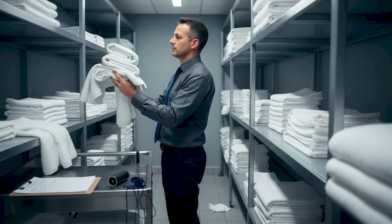 Staff inspects hotel towels in linen room