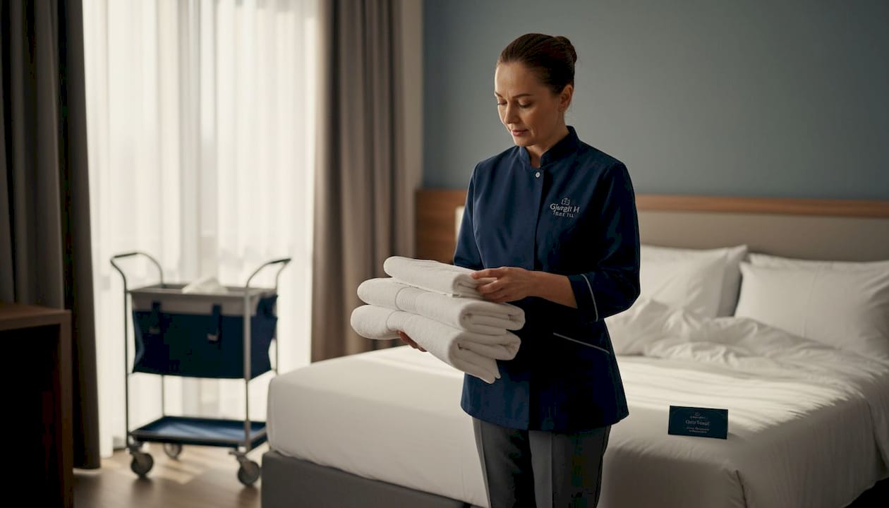 Housekeeper inspecting linens in bright hotel room