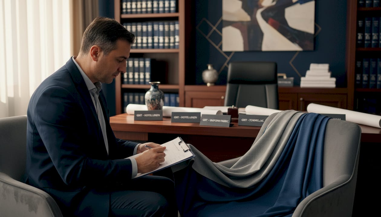 Manager testing textile flexibility over hotel armchair