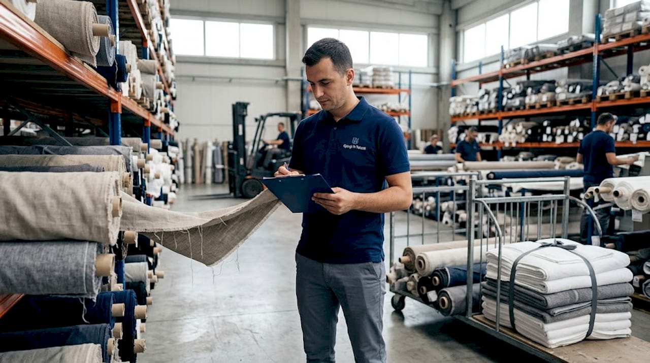 Inspector checking hotel textiles in warehouse