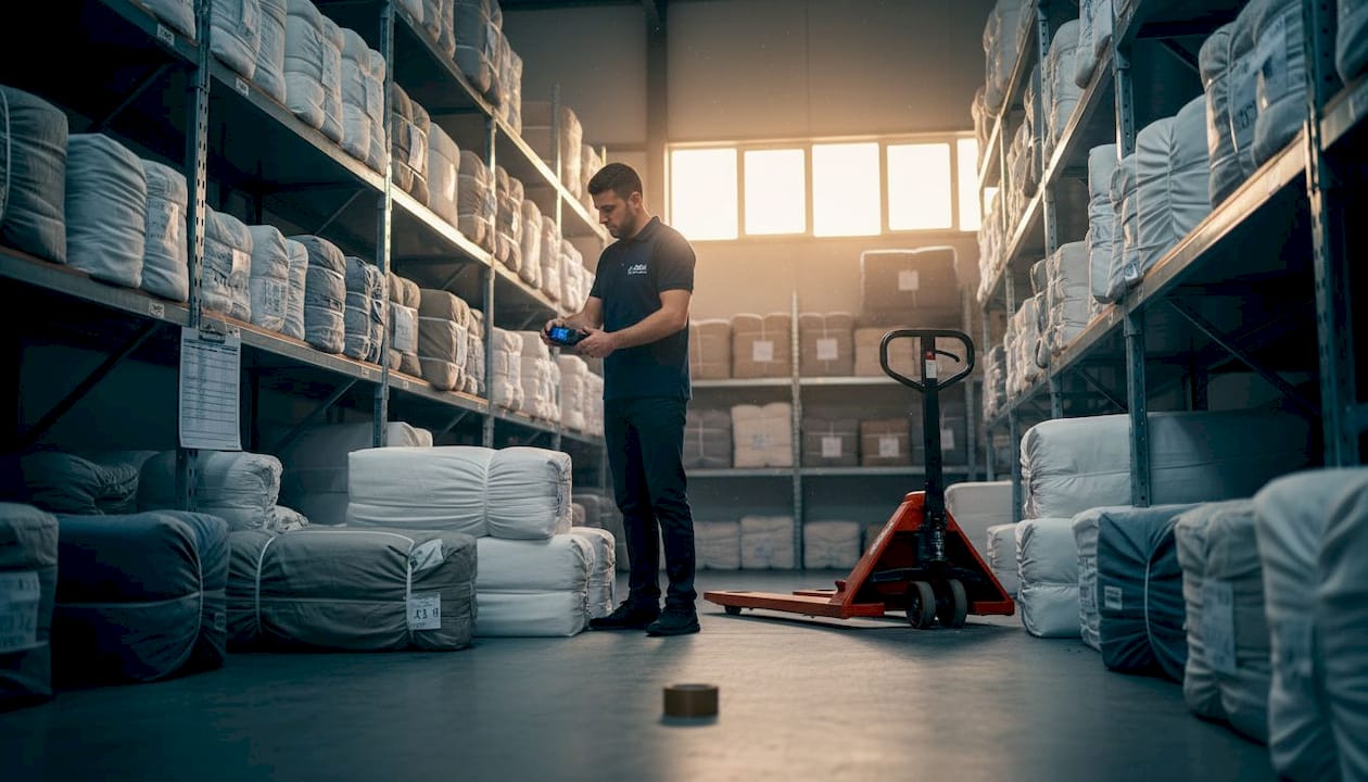 Worker inspects textile bundles in warehouse aisle
