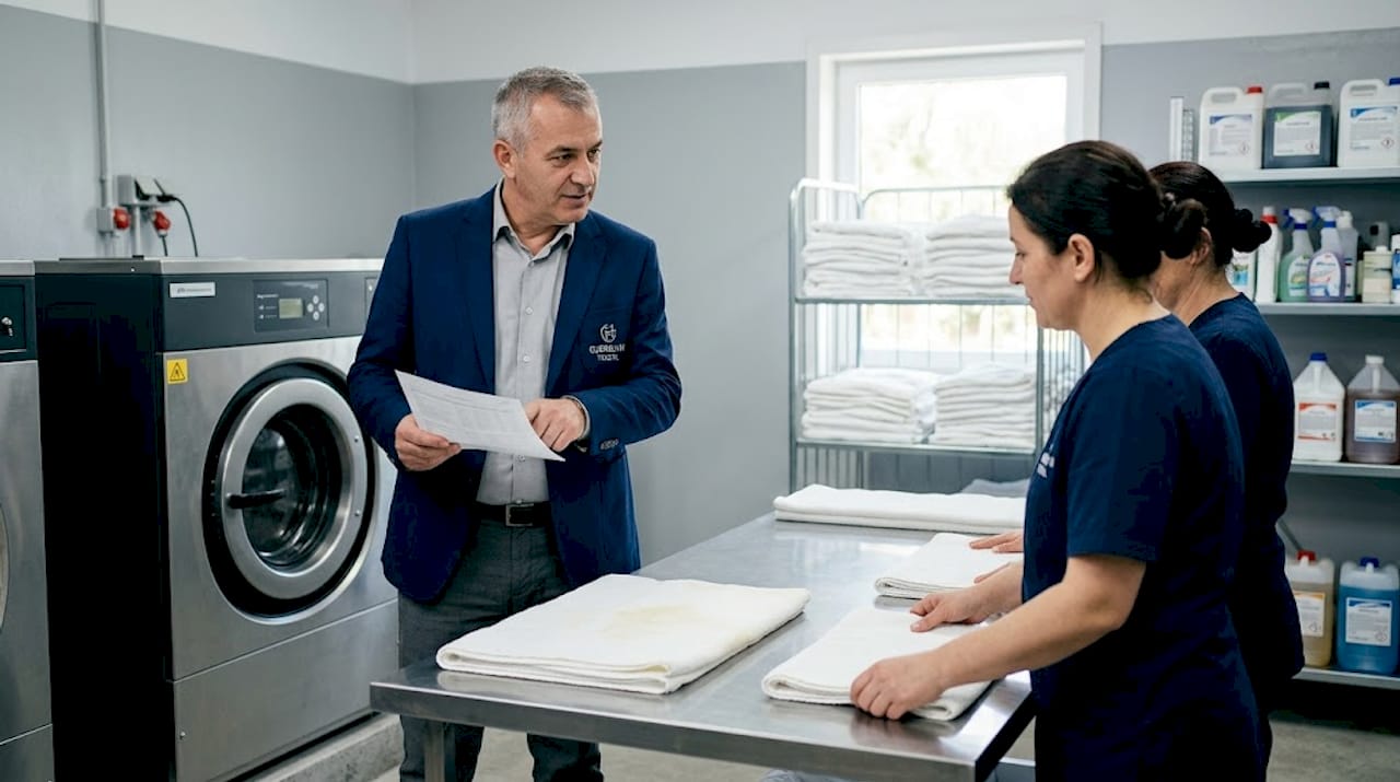 Laundry supervisor reviews textile documents with staff
