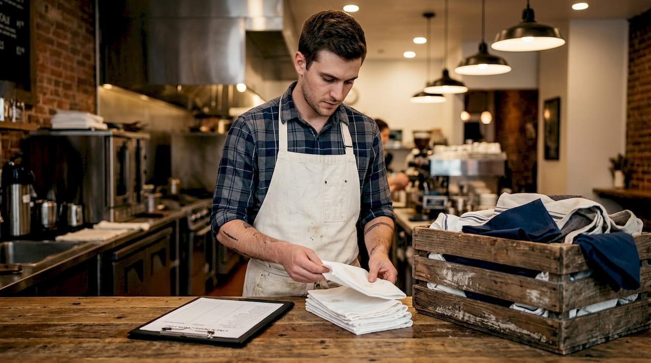 Staff member inspecting restaurant linen quality