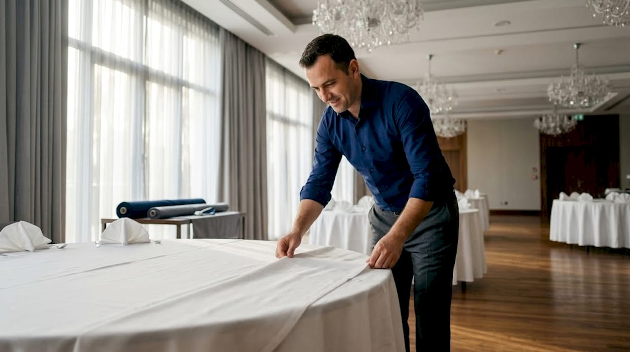 Hotel staff arranging linens for event setup