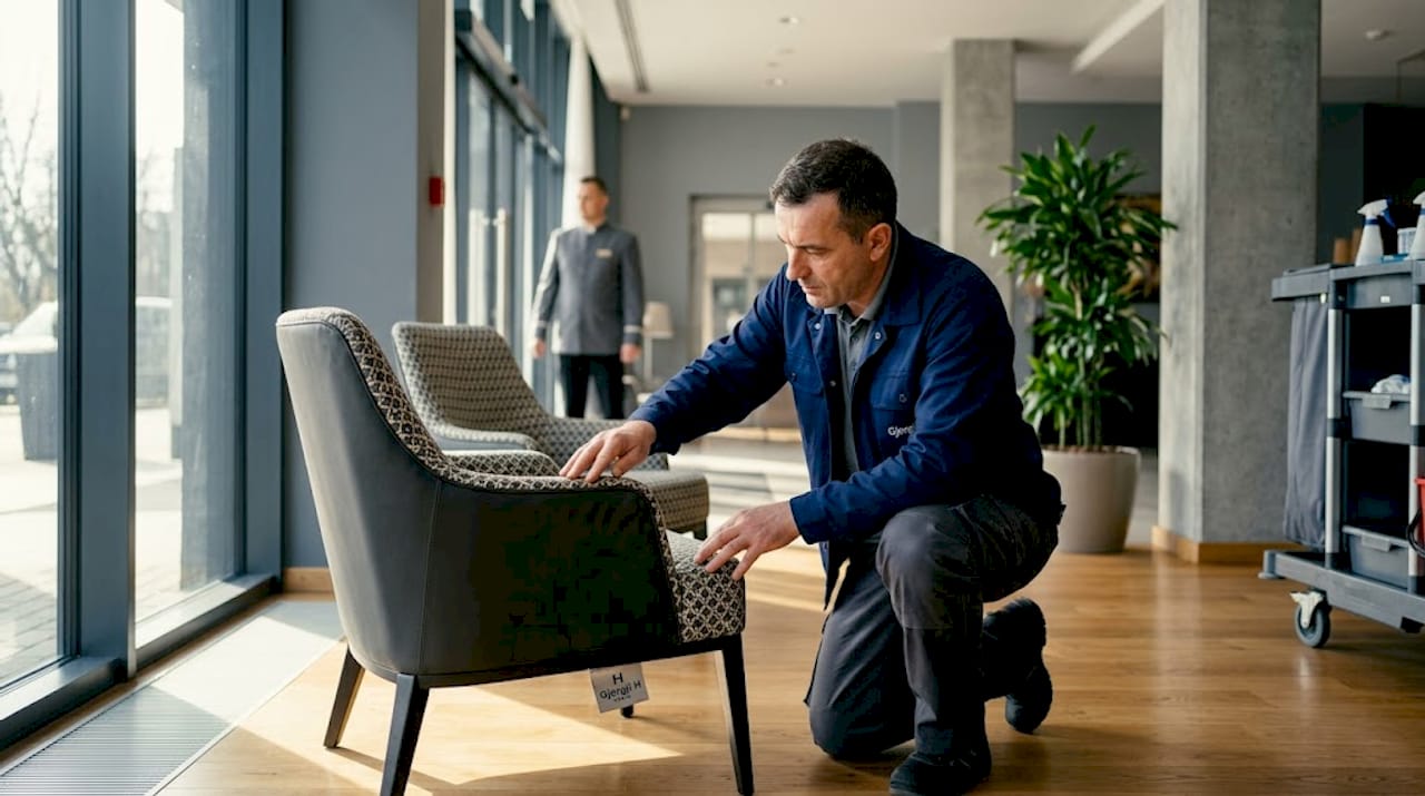 Staff inspecting hotel upholstery seam