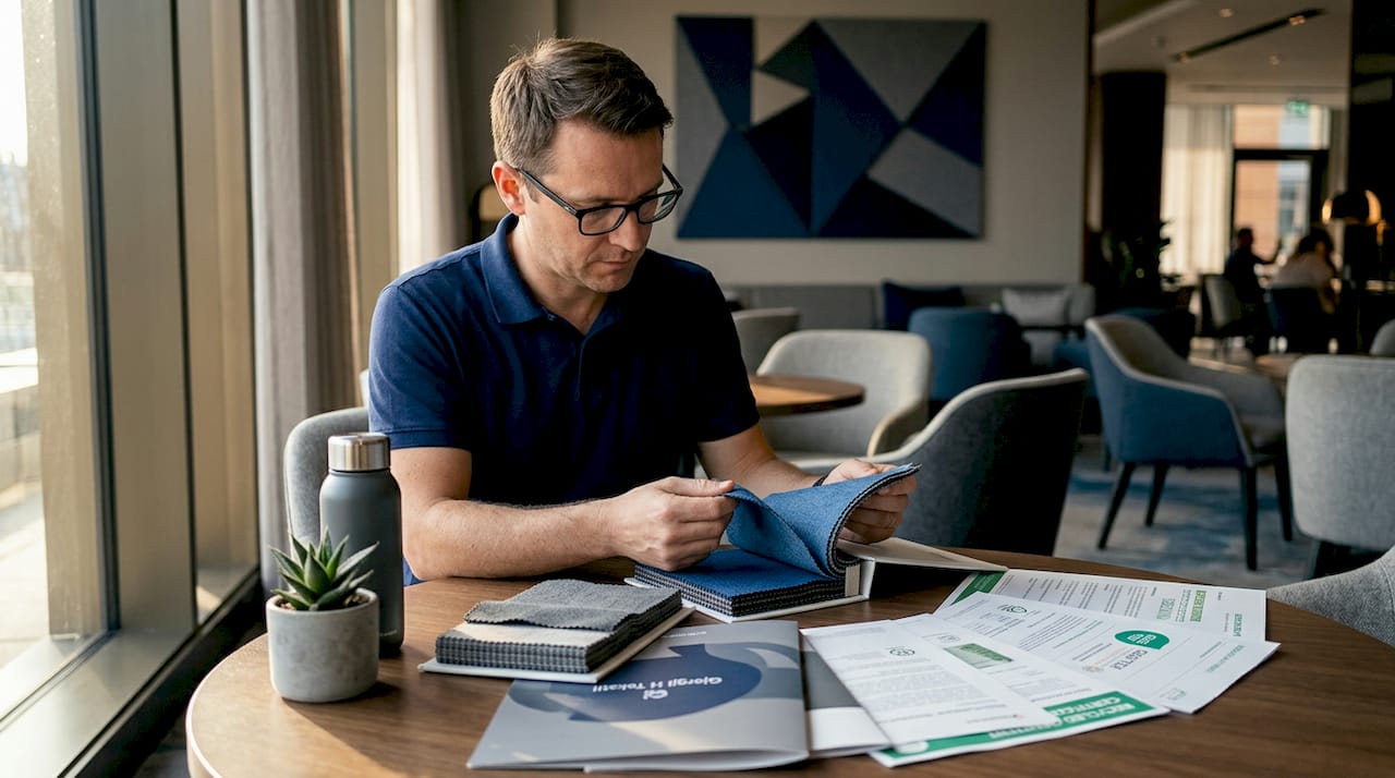 Manager reviewing textile samples for sustainability