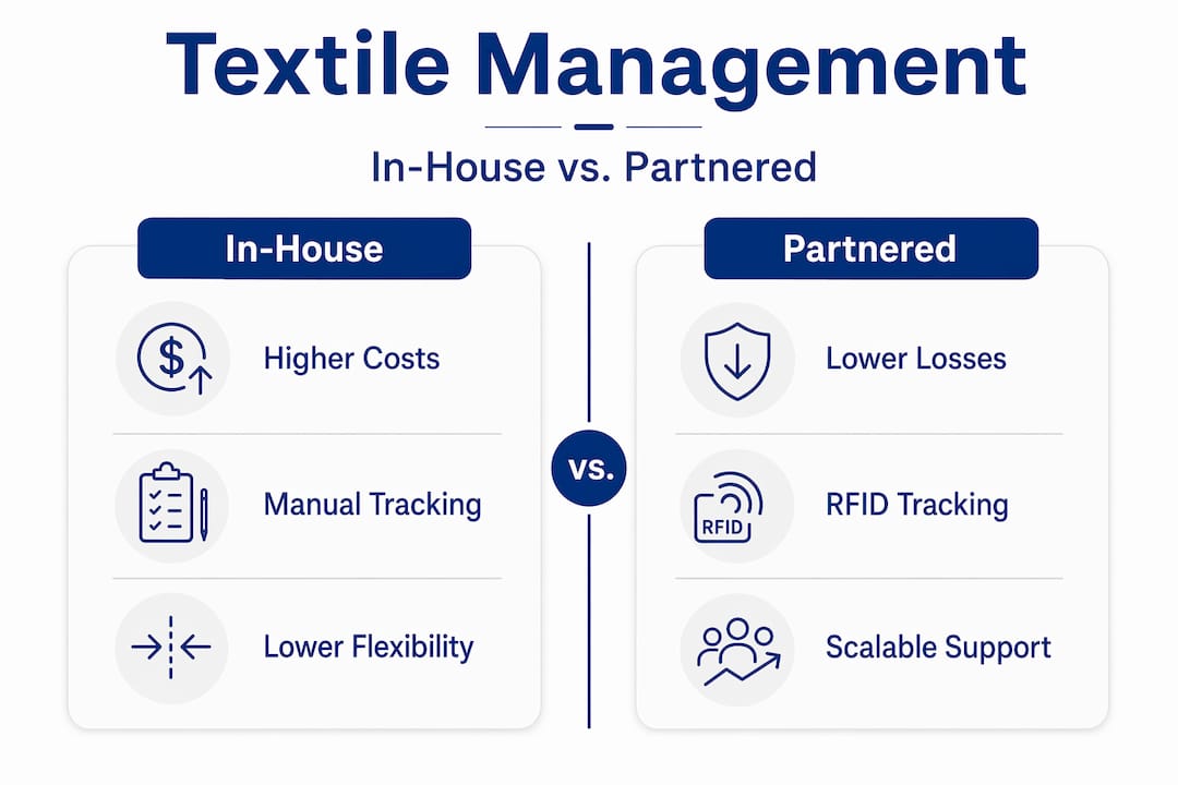 Infographic comparing in-house and partnered textile management