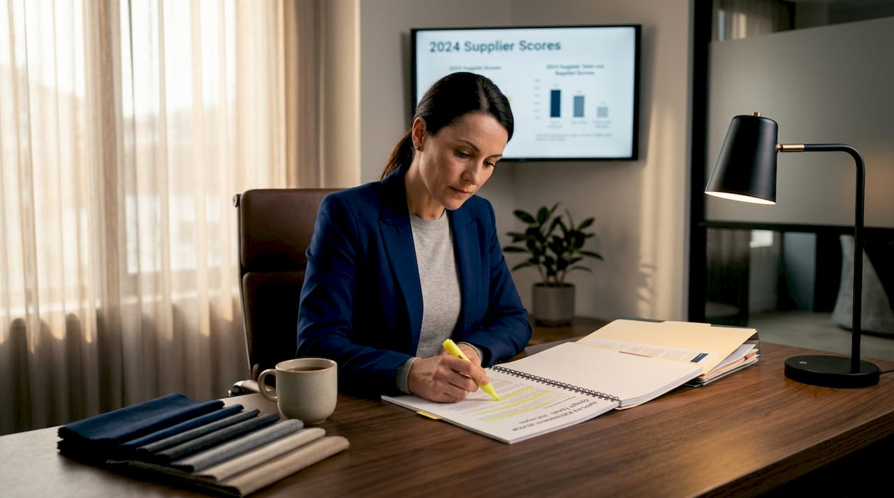 Hotel director reviewing textile supplier performance