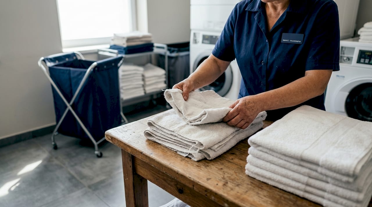 Housekeeper sorting worn and new hotel linens