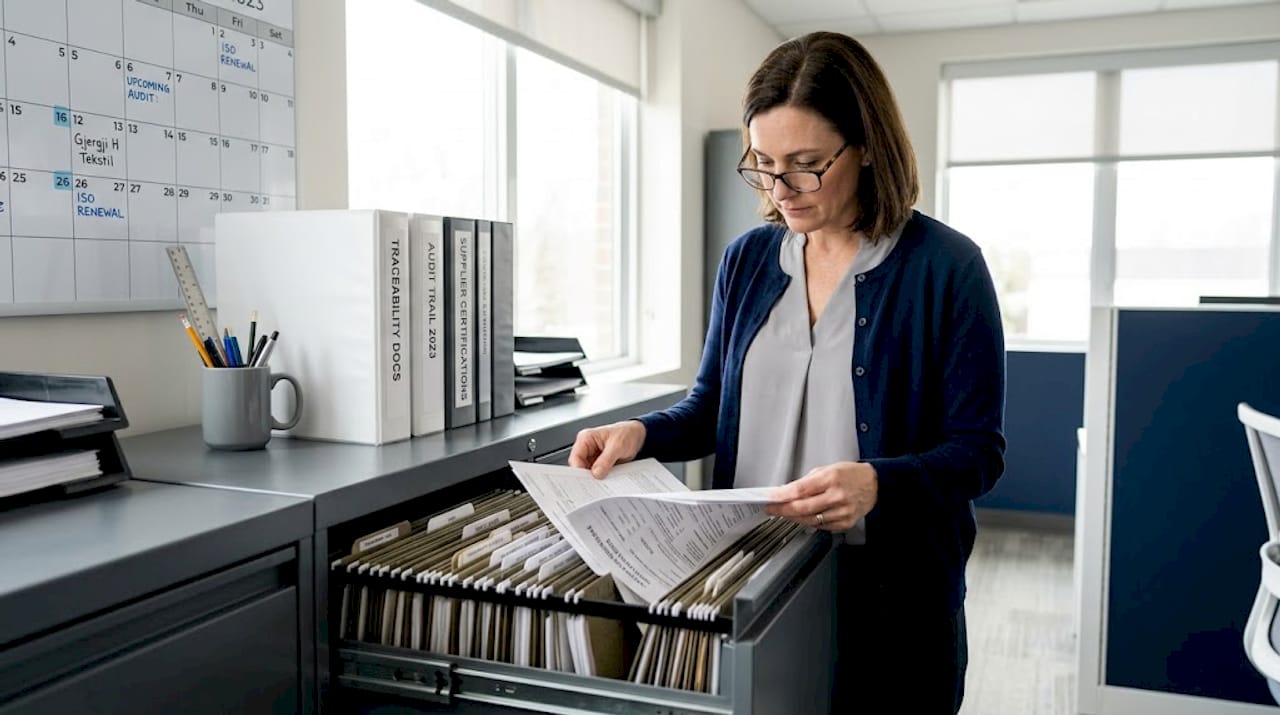 Manager auditing supply chain paperwork archive