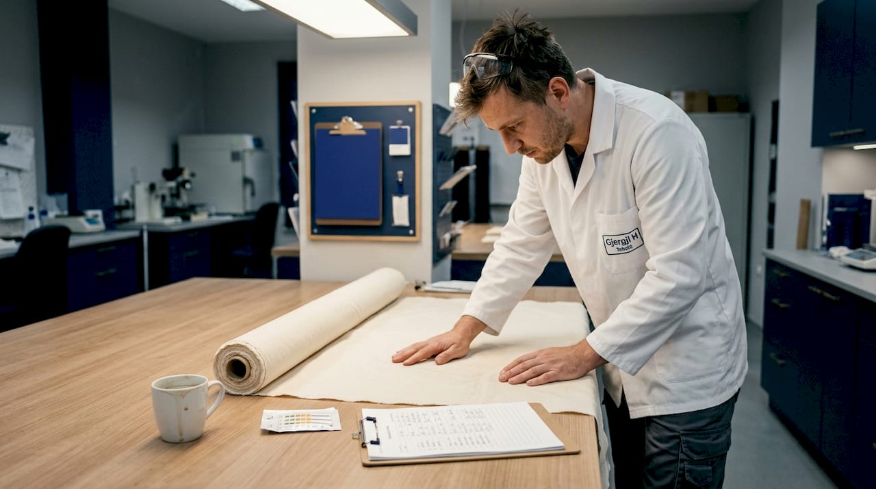 Textile technician inspecting cotton fabric