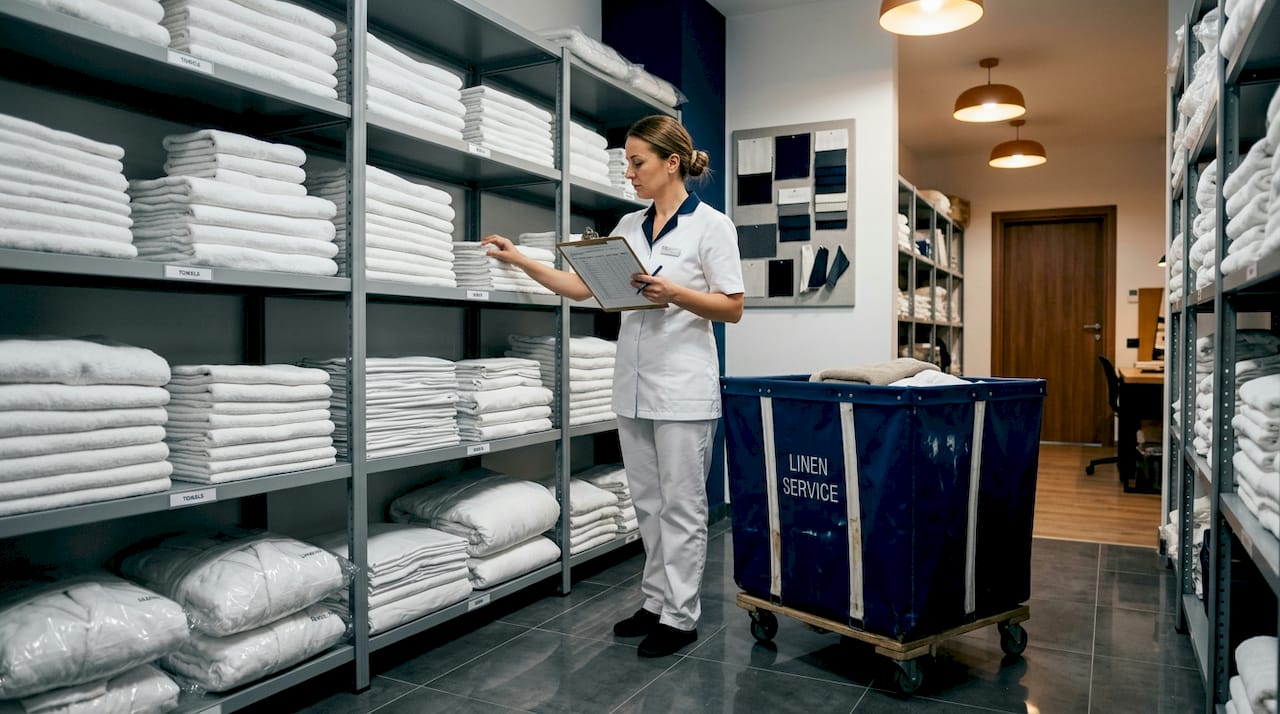 Staff checks organized hotel textiles inventory