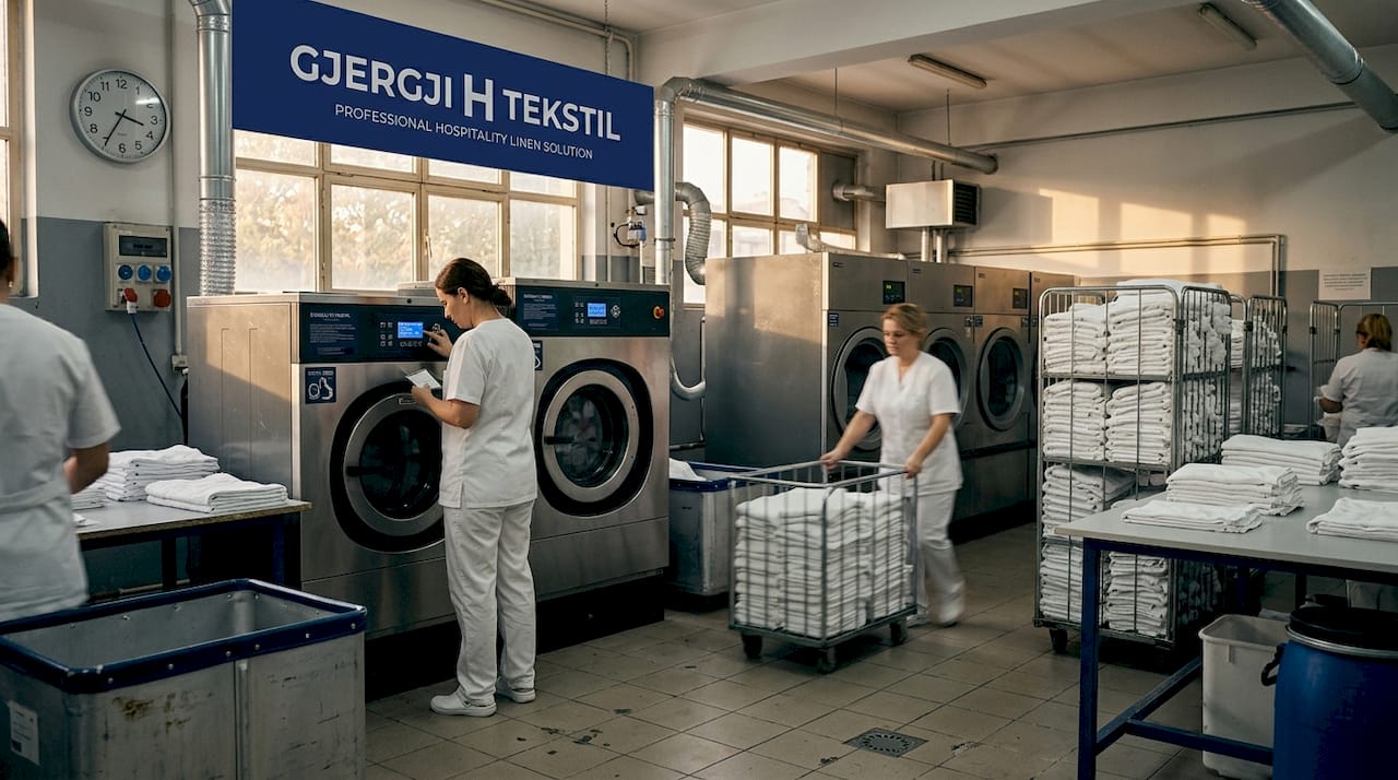 Hotel laundry staff working with washing machines