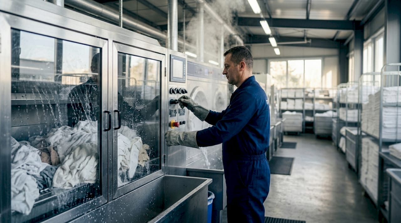 Industrial laundry machines and technician at work