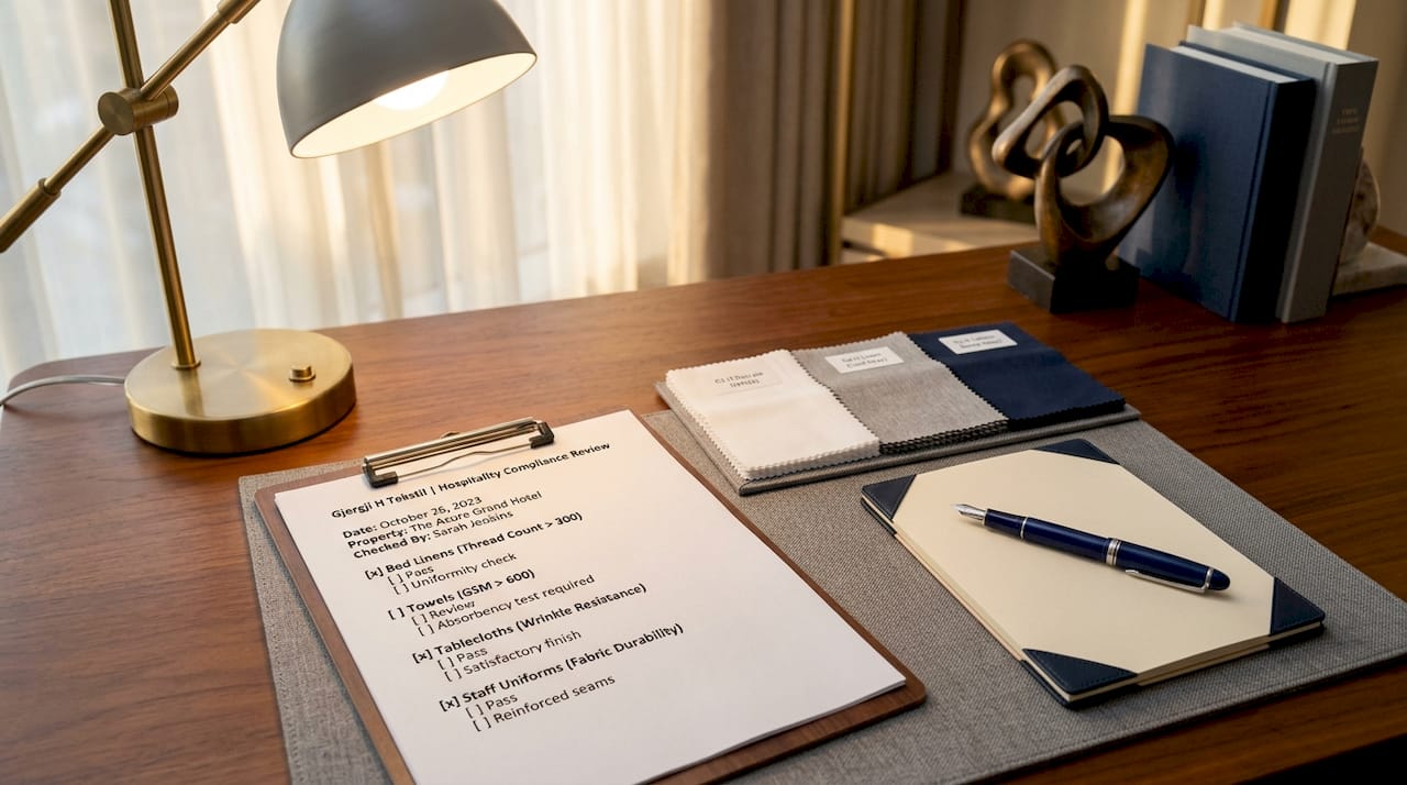 Compliance checklist with hotel textile samples