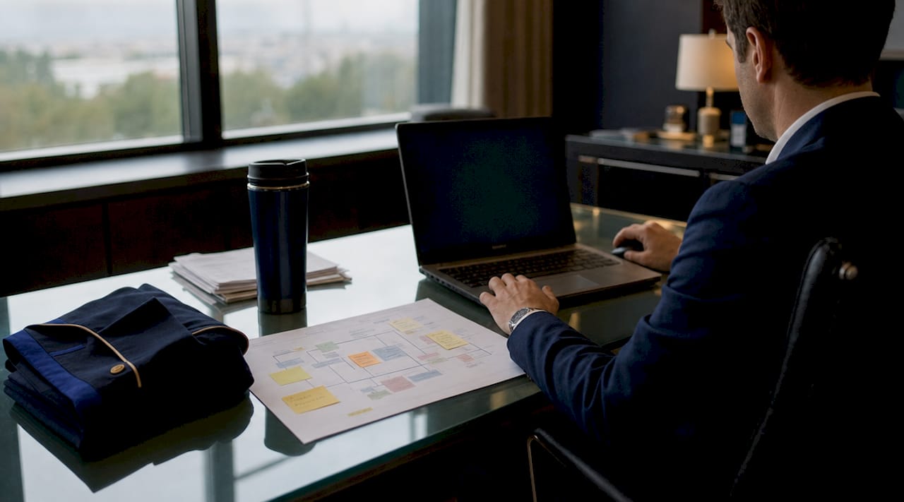 Hands at desk managing hotel operations materials