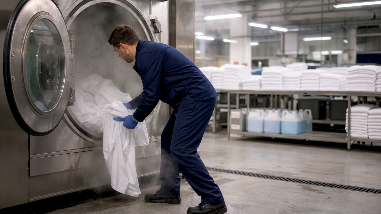 Hands removing towel from industrial washing machine for testing