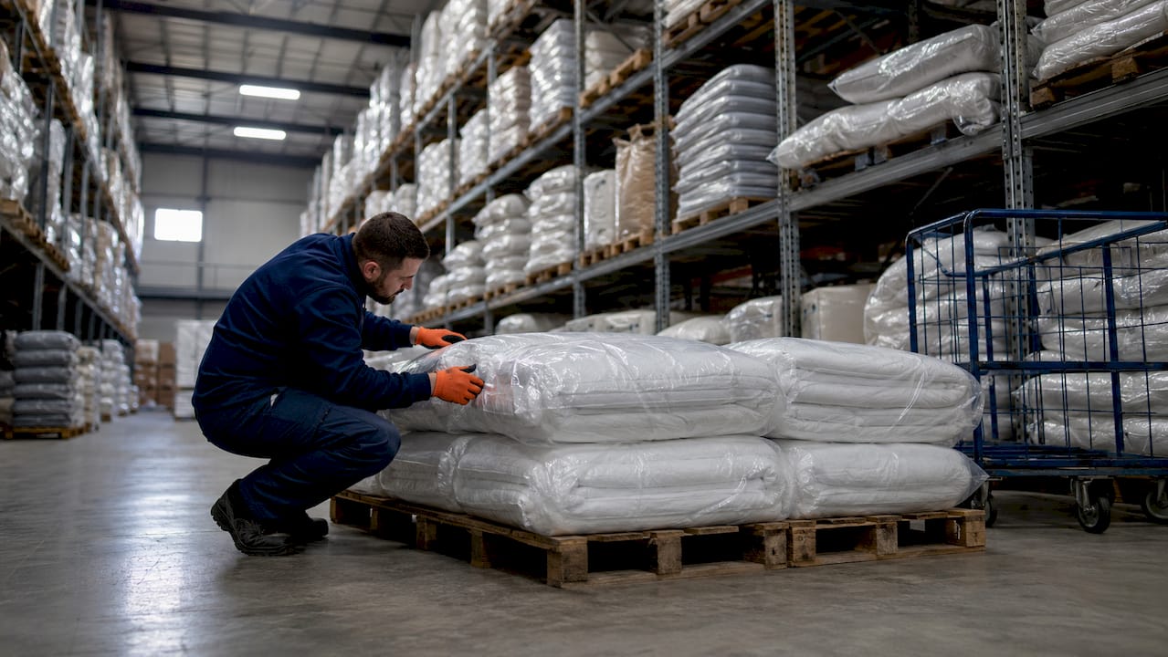 Compressed vacuum-packed hotel textiles on shelves