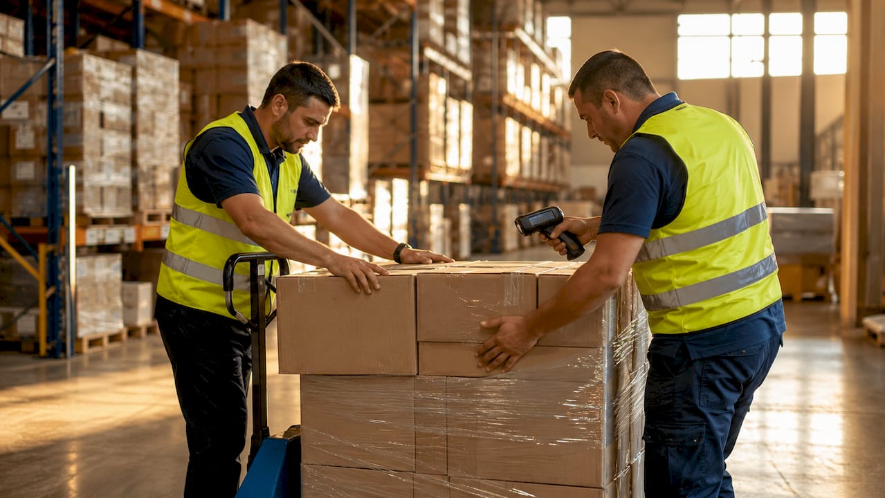 Warehouse workers handling hotel textiles