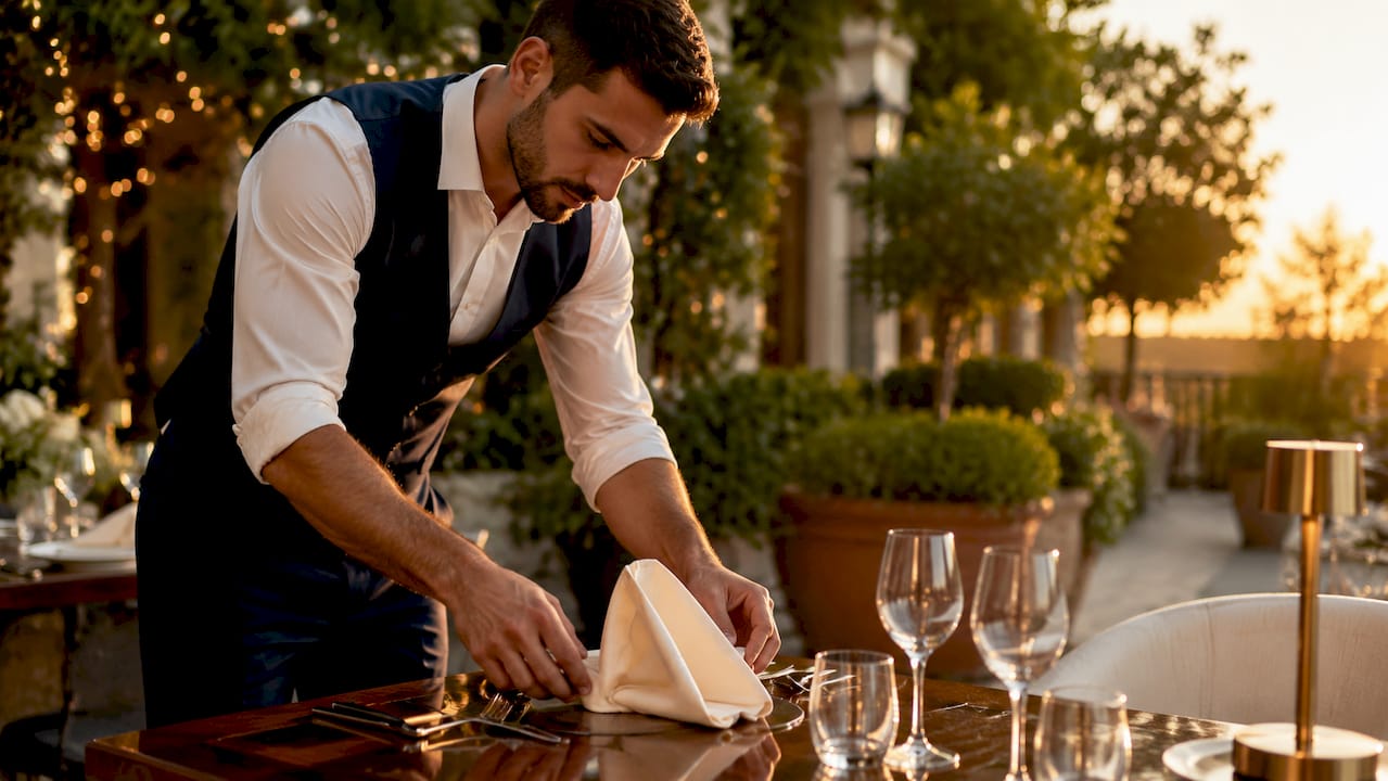 Server folding ivory linen napkin at dining table