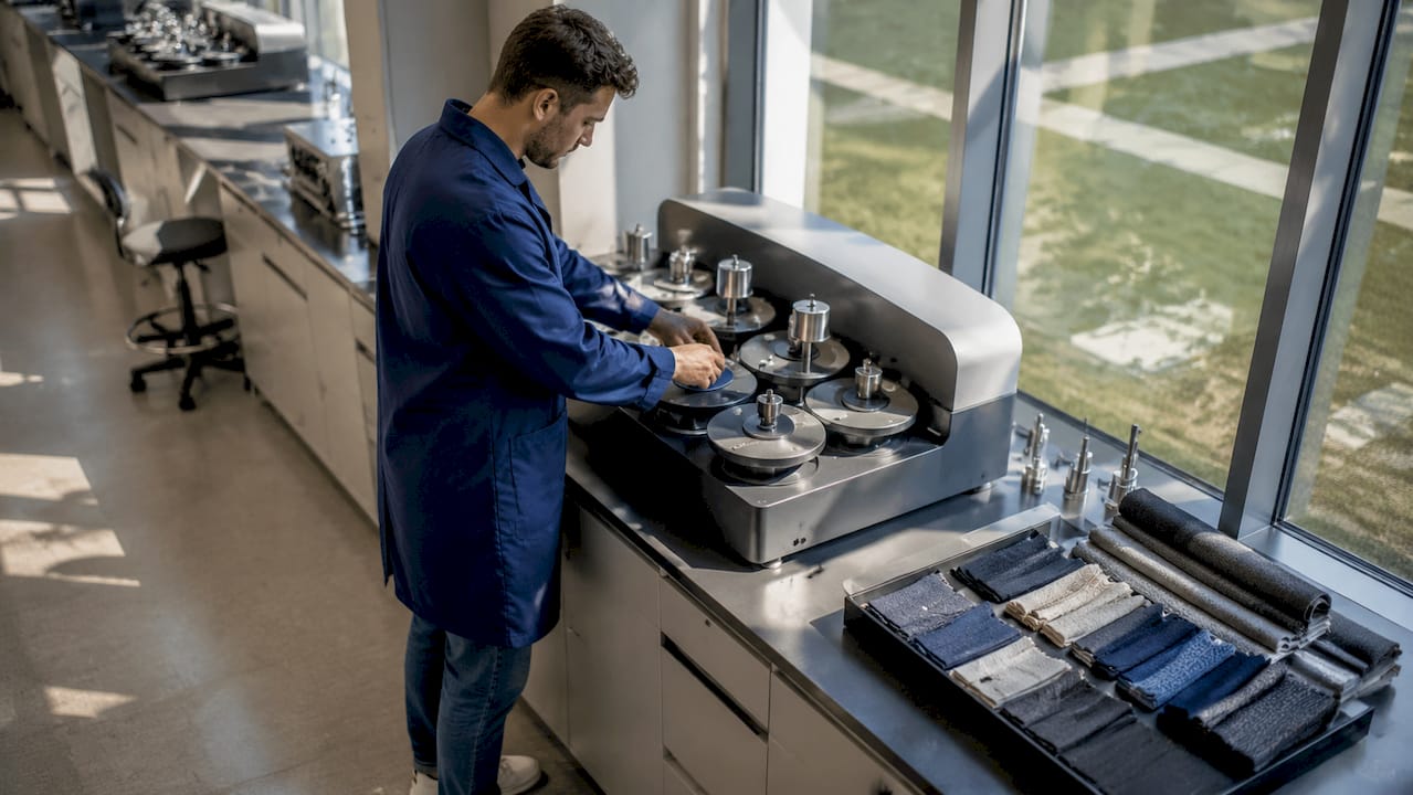 Hands adjusting fabric in Martindale abrasion test machine