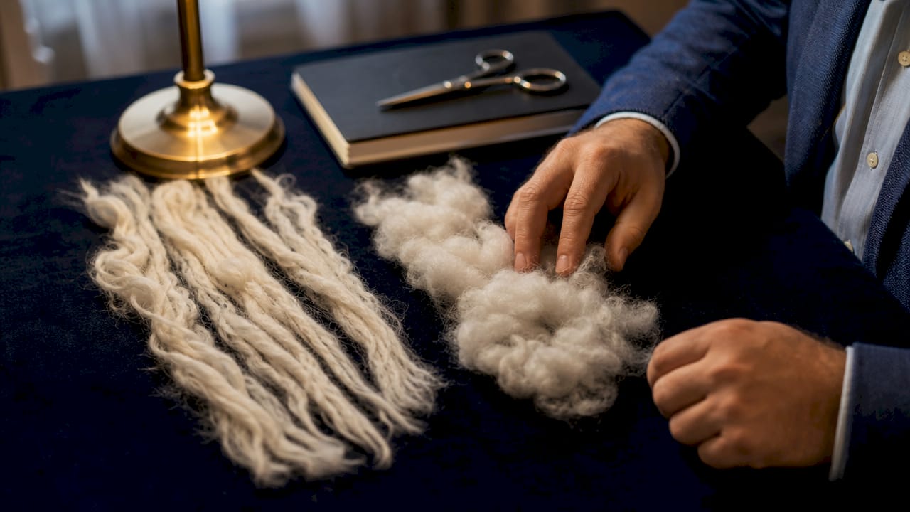 Close-up of textile fibers and measuring tools