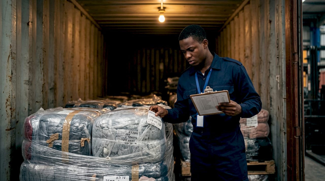 Customs officer inspecting textile shipment