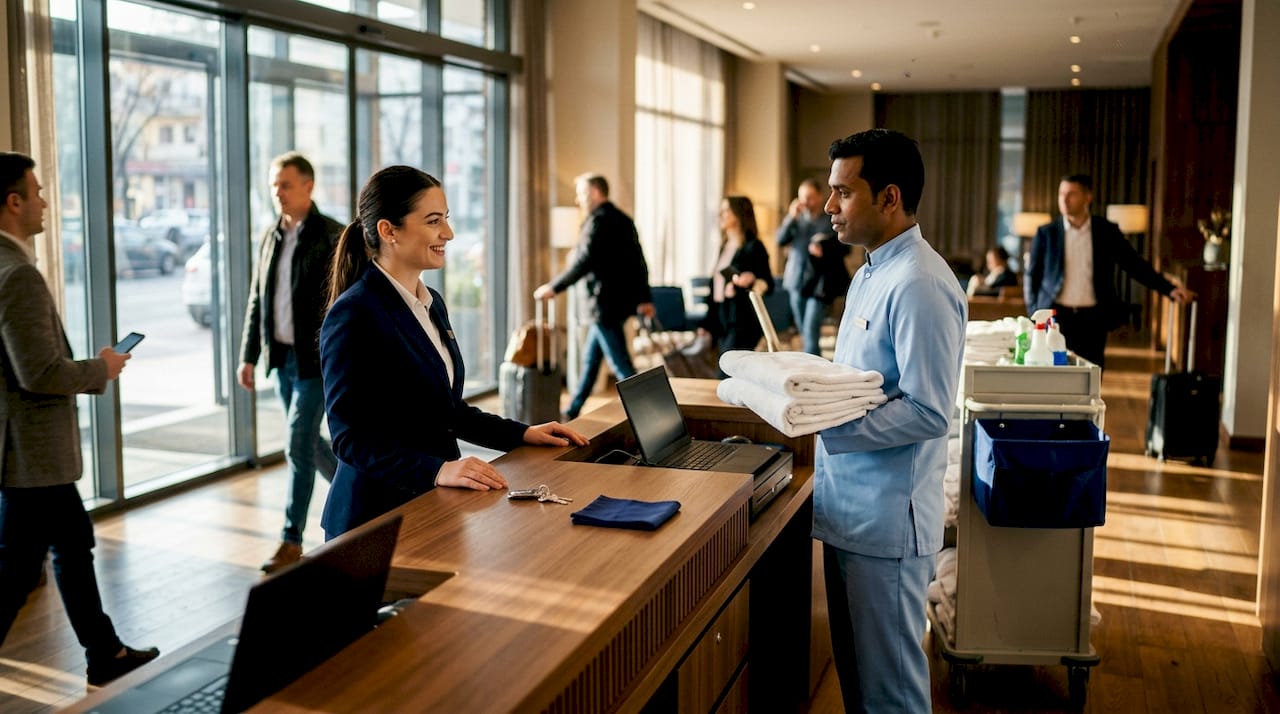 Diverse Albanian hotel staff in uniform standing in lobby