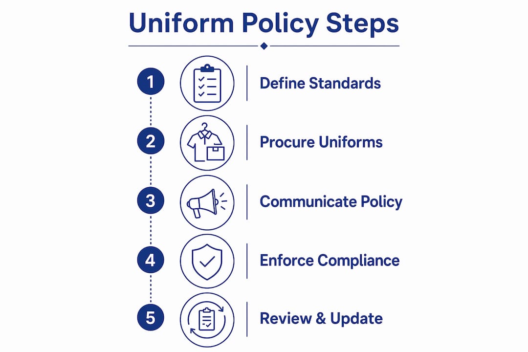 Infographic showing five steps of hotel uniform policy implementation
